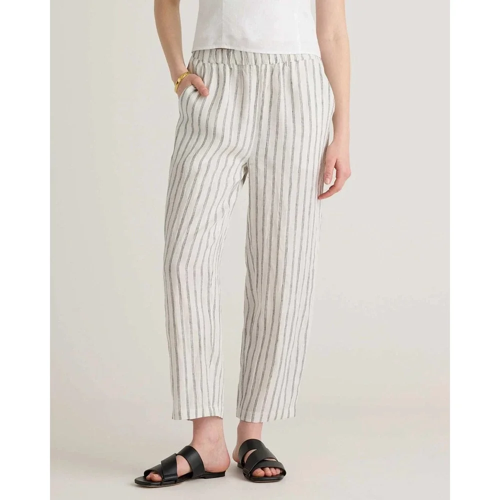 Quince 100% European Linen Pants Oatmeal Black Stripe Small S Travel Office